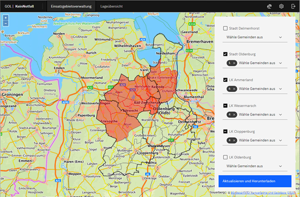 Mit Feststellung einer Sonderlage definiert die Leitstelle über das „Leitstellenmodul“ von KeinNotfall auf Ebene von Gemeinden oder Landkreisen ein Schadensgebiet und aktiviert daraufhin die Erreichbarkeit des Dienstes für die Bürgerinnen und Bürger in dieser Region.